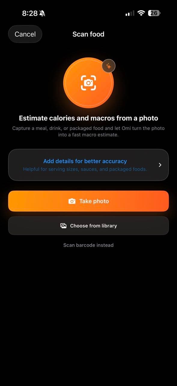 Omi food scanner offering camera, photo library, and barcode options