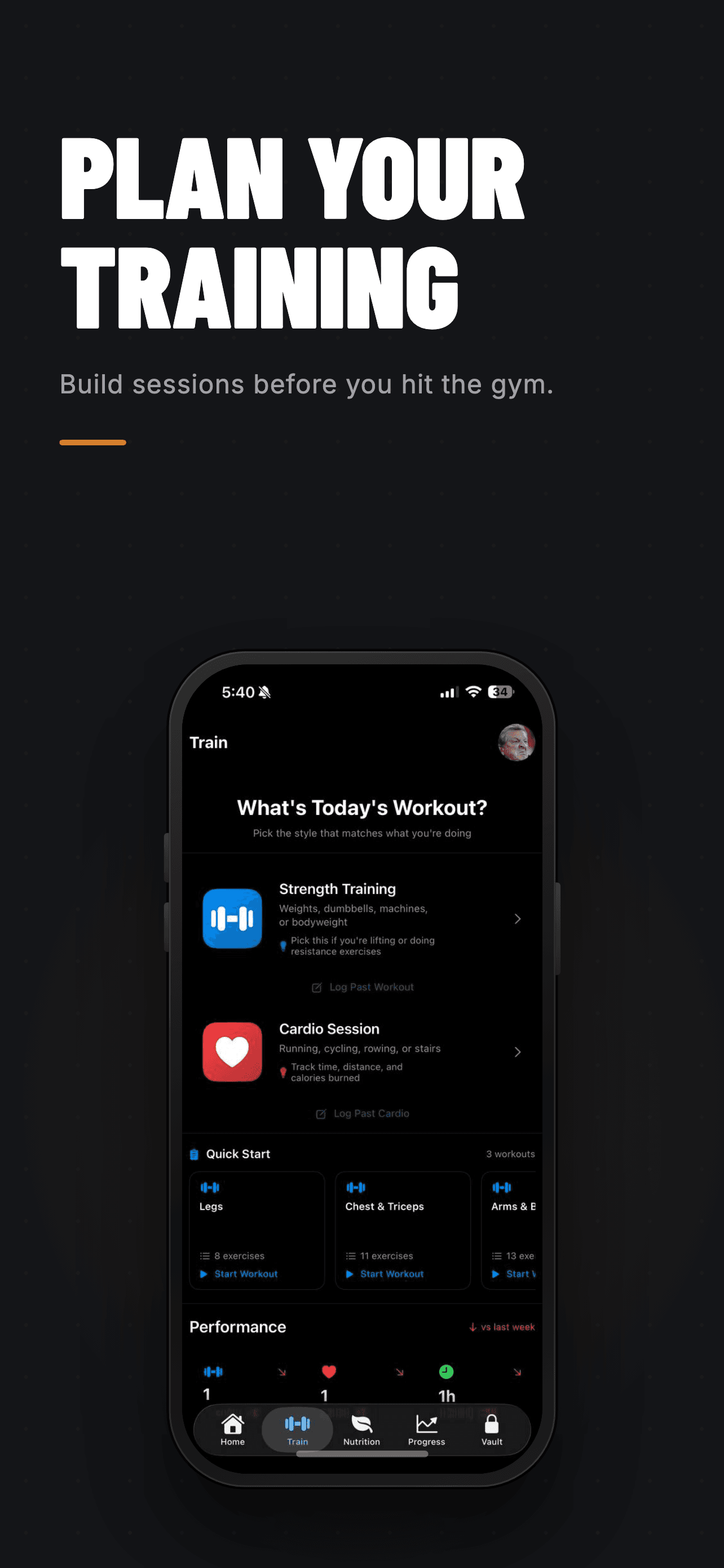 Omi training screen for selecting saved workouts and planning a session